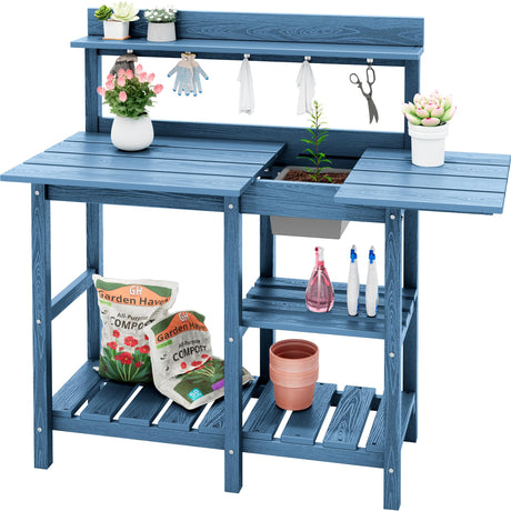 SERWALL Potting Table Outdoor Potting Bench with Sink, HDPE Potting Benches for Outside All Weather Use- Blue SERWALL