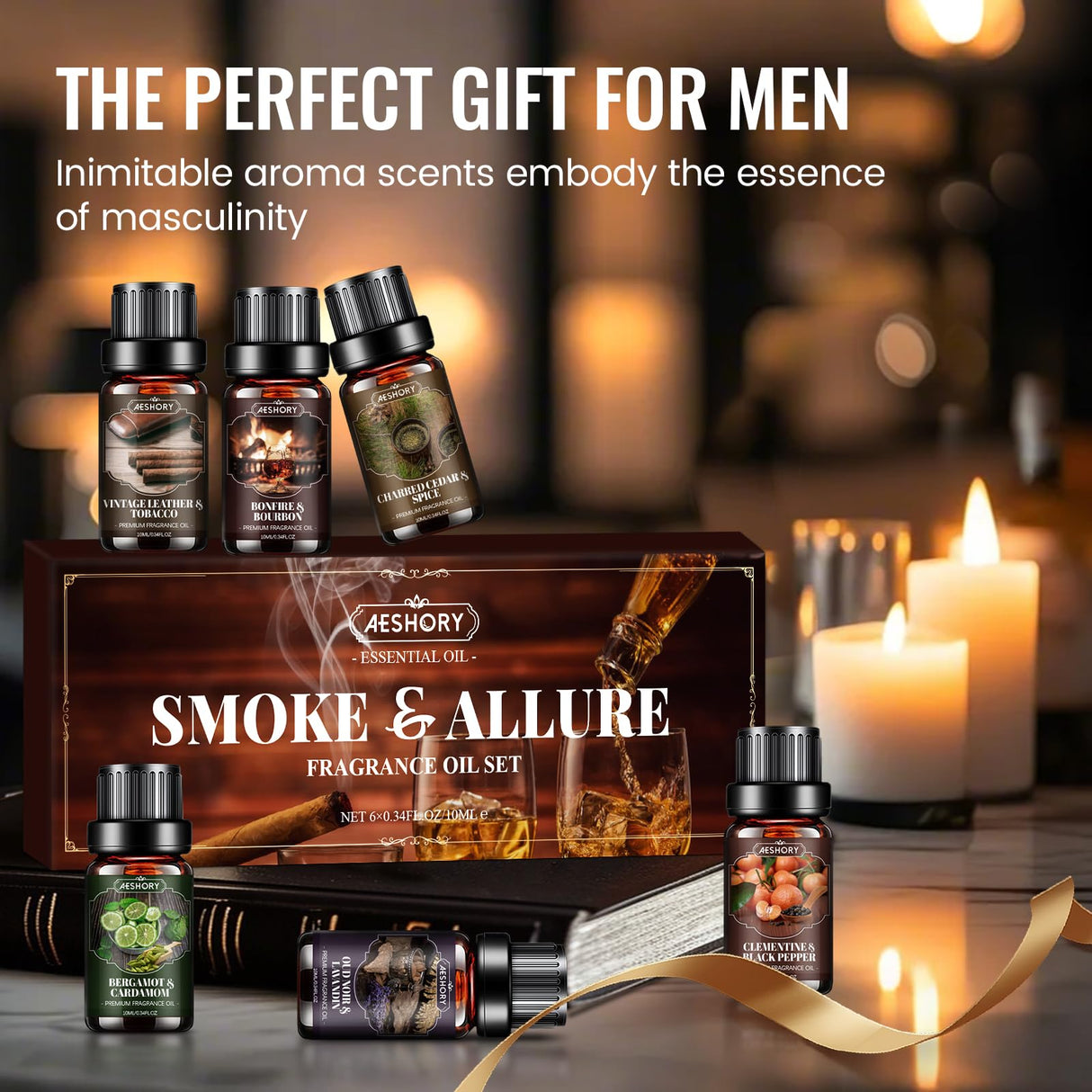 Men Essential Oils Set, Fragrance Oil for Diffuser, Leather, Tobacco, Cedar, Bourbon Whisky, Bergamot, Candle Scents for Candle Making, Soap Making Supplies, Man Aromatherapy Diffuser Oils Kit(6x10ML) Aeshory