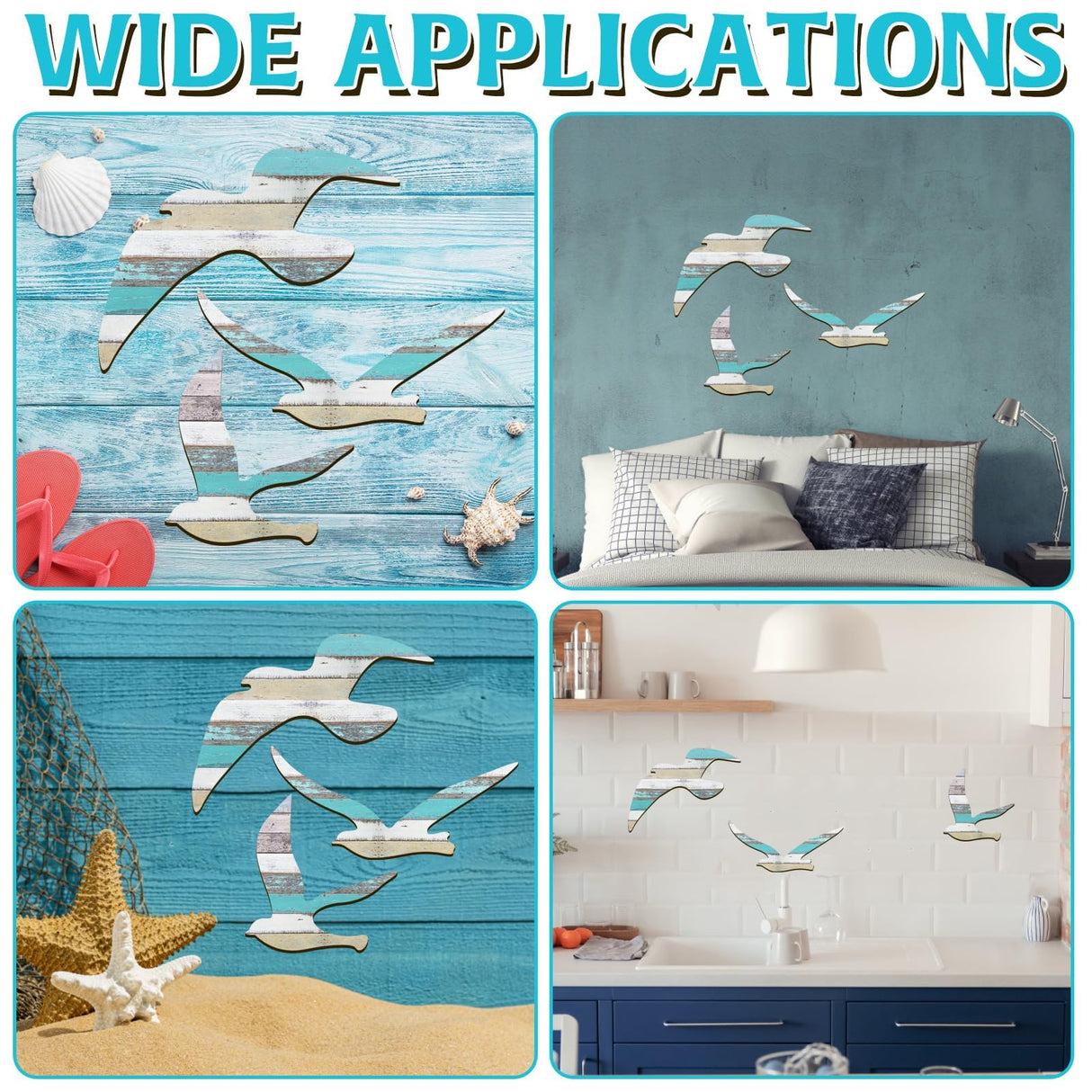 HINGTAI 3Pcs Wood Seagull Beach Wall Decor, Wall Art Beach Decorations Nautical Self-adhesive Seagull Decorations Coastal Themed Decors, Beach Seagull Ocean Decorations for Home Bedroom Living Room HINGTAI