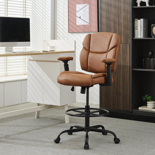 Okeysen Drafting Chair Standing Desk Chair, 500 LBS Leather Big and Tall Office Chair with Adjustable Armrests & Foot Ring, Modern Tall Desk Chair with Mid Back, Swivel Rolling Drafting Stool.