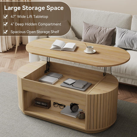 47-Inch Oval Lift Top Coffee Table with Storage Shelf for Living Room, Large Wooden Fluted Modern Center Table with 2 Tier Shelf, Modern Tea Tables with Hidden Compartment for Bedroom, Light Oak Epecoya