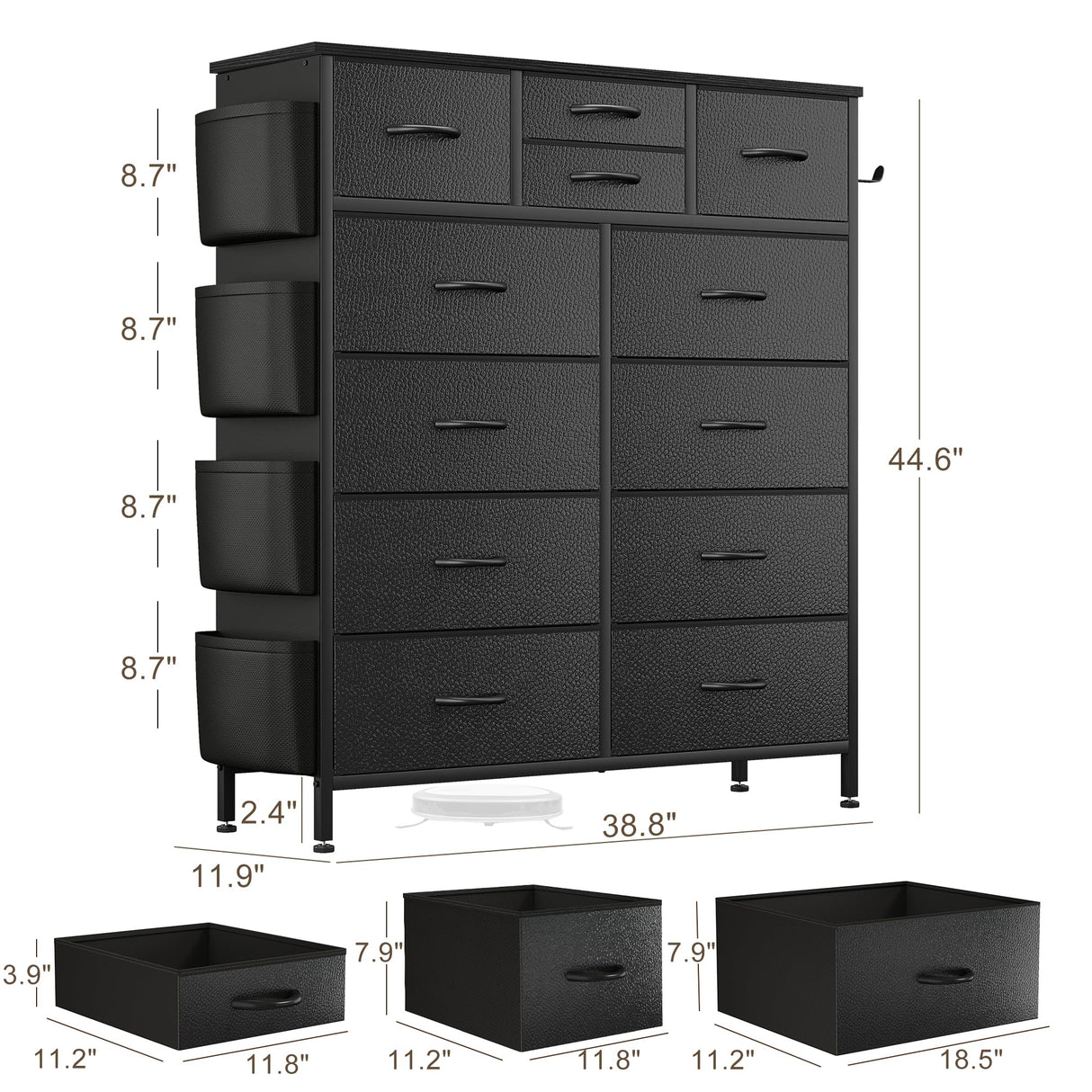 Lulive Dresser for Bedroom with 12 Drawers, Tall Dresser Chest of Drawers with Side Pockets and Hooks, Fabric Dresser Storage Tower for Closet, Hallway, Living Room (Black) Lulive