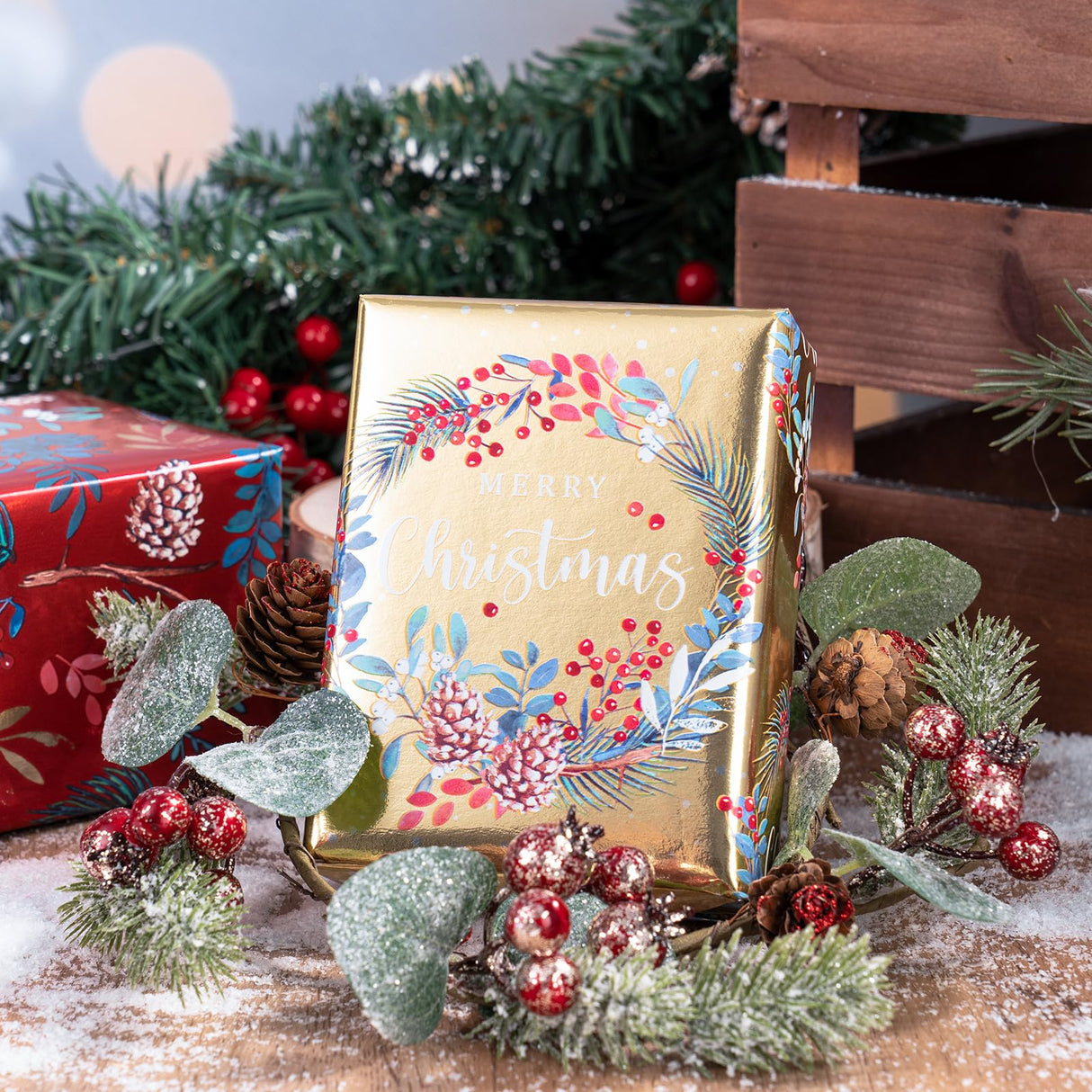 WRAPAHOLIC Christmas Wrapping Paper Roll - Mini Roll - 3 Rolls - 17 Inch x 120 Inch Per Roll - Bird, Christmas Garland, Holly and Pinecones Holiday Design with Metallic Foil Shine WRAPAHOLIC