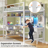 VIAGDO Loft Bed Twin Size with L-Shaped Desk, Charging Station and LED Lights, Twin Loft Bed with 4-Tier Bookshelf and 3 Drawers, Clothes Rail, Safety Guardrail&Ladder, No Box Spring Needed, White VIAGDO