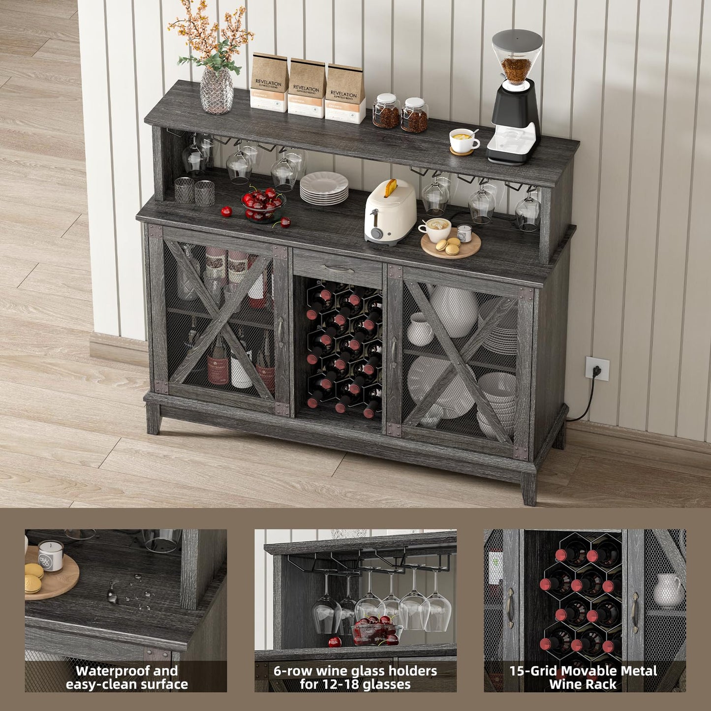 Wine Bar Cabinet,Farmhouse Liquor Cabinet with Storage&Drawer,Coffee Bar Cabinet with LED Lights,Buffet Cabinet with Wine Rack&Glass Holder,Industrial Sideboard Buffet,Bar Cabinets for Home,Grey