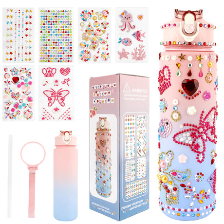 Decorate Your Own Water Bottle Kits for Girls, Birthday Gift for Girls, 4-12 Year Old Girl Gifts, Girls Water Bottle and DIY Gem Stickers with Crafts Kits for Girls, Valentines Easter Gift for Girls Liwidon