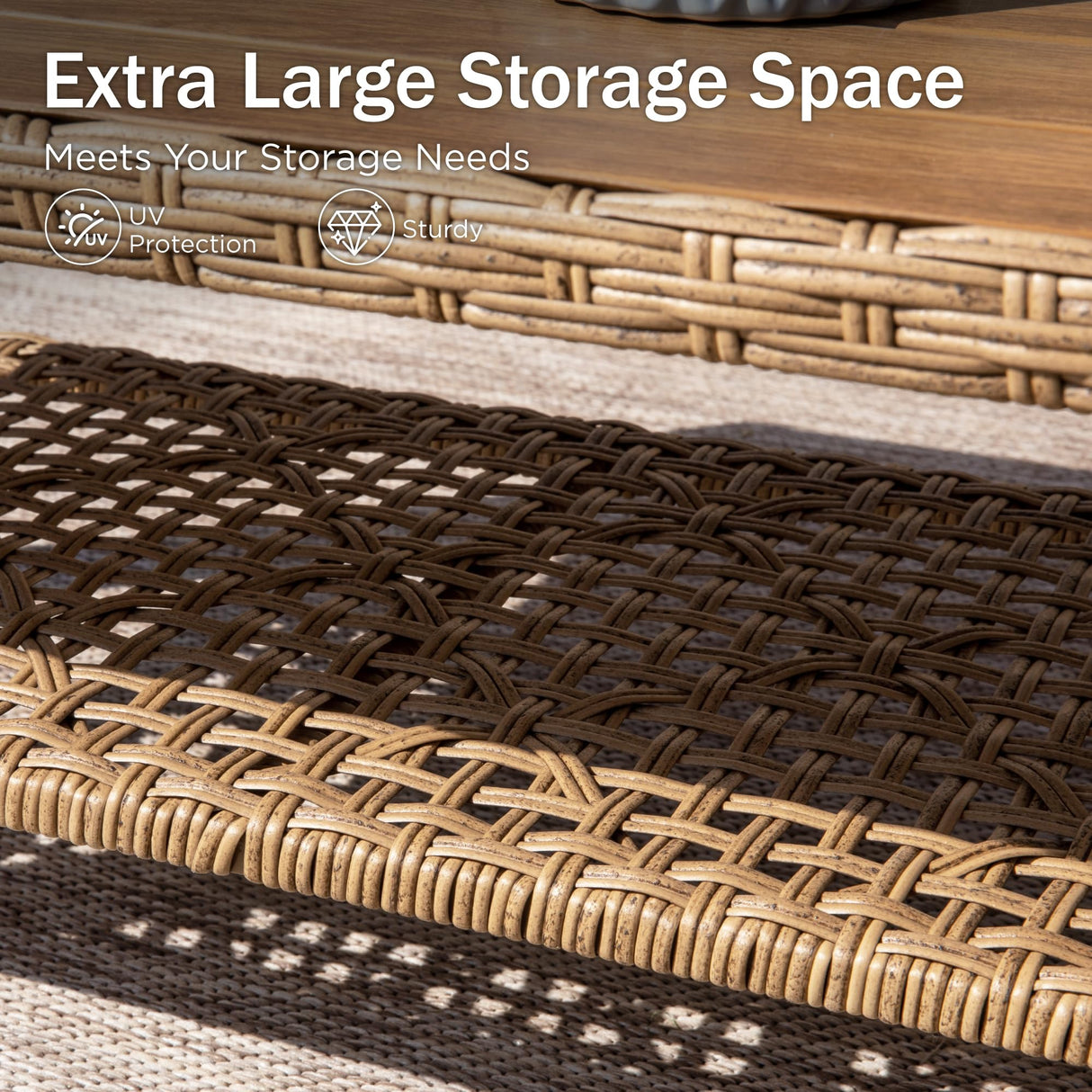 PHI VILLA Wicker Patio Furniture Set, Outdoor L-Shaped Sectional Sofa with Cushions and Acacia Wood Coffee Table, Boho Style for Garden, Deck, or Poolside Lounge，Navy Blue PHI VILLA