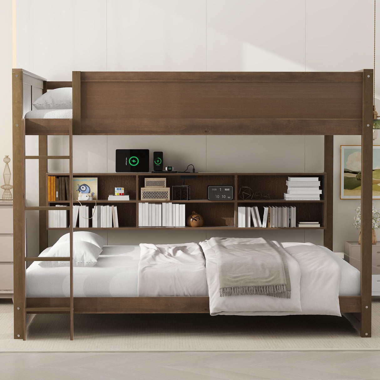 Wood Bunk Bed Queen over Queen Size with Built-in Storage Cabinets and USB Ports, Versatile Bunk Bed Frame with Ladder and Guardrail for Kids Teens Adult, Maximize Space (Antique Wood-9.30) XD Designs