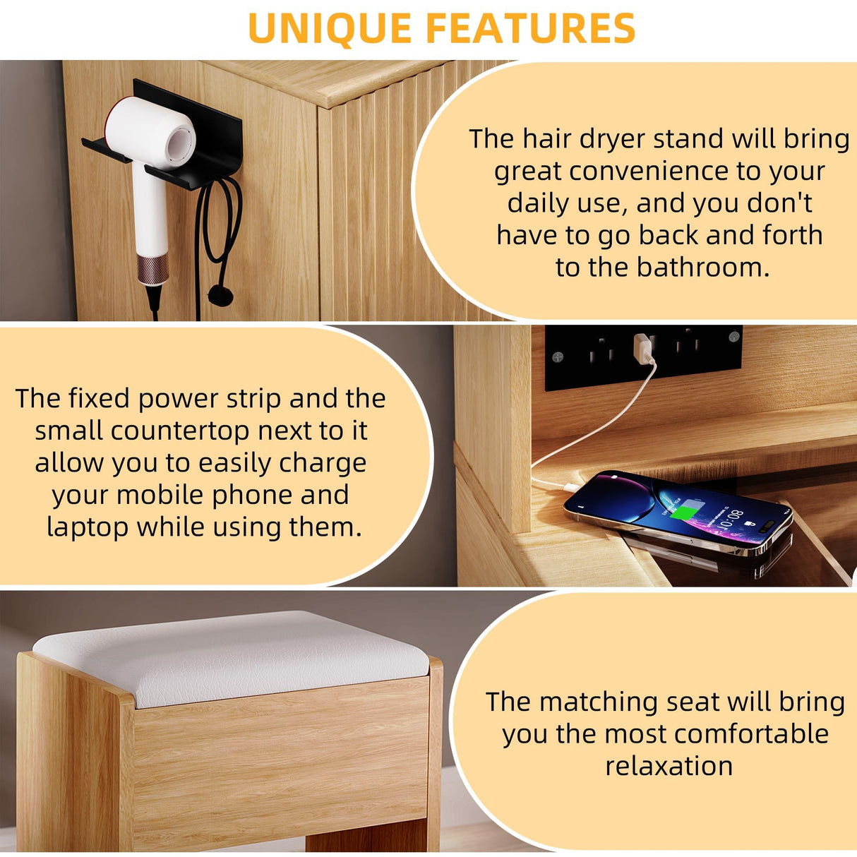 Galasil Fluted Make Up Vanity Desk with Mirror and Lights Chair,Wooden Vanities Desk with Glass top,Oak Vanity, Adjustable Side Cabinet,Modern Dressing Table Set w/Charging Station for Bedroom galasily