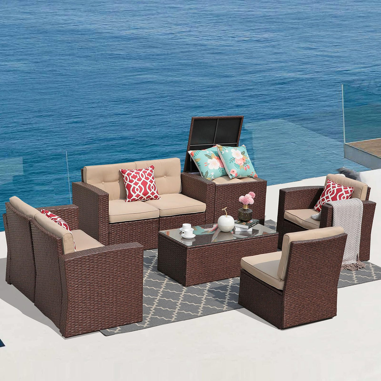 JOIVI 8 Pieces Patio Conversation Sets, All Weather Outdoor Sectional Patio Sofa, U-Shaped PE Wicker Patio Furniture Sets with Storage Box, Coffee Table, 3 Pillows, for Garden, Porch, Brown JOIVI