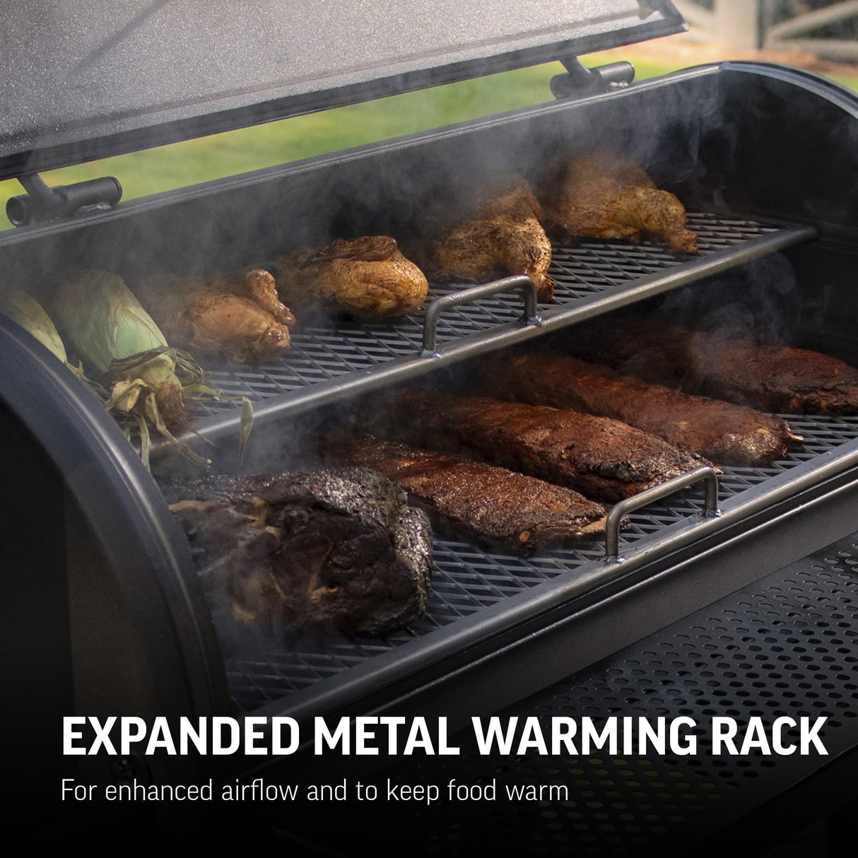 Char-Griller® Grand Champ Charcoal Offset Grill and Smoker, Premium Heavy Duty Steel, Folding Front Shelf, Barrel Grill with Side Firebox, Black, Model 8250 Char-Griller