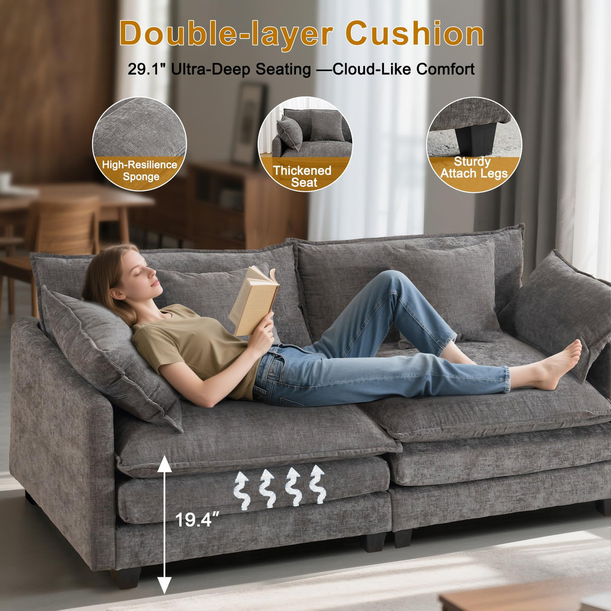 77" Cloud Sofa Loveseat & Couch｜Small 2-Seater Chenille Sectional Sofa with 29.1" Deep Seat｜FSC Certified Solid Wood & Metal Frame｜Easy Assembly & 1YR Guarantee｜ for Apartment Living Room Bedroom CAFUZY