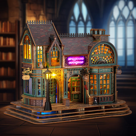 FUNPOLA LED 3D Wood Puzzle - Magic Bookshop Building Model Kit with LEDs - DIY Miniature Magical Bookstore - 3D Puzzle Architecture Craft Gift for Adults FUNPOLA