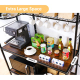 Home Limpidity Large Bakers Rack for Kitchen, 40-inch Wide Coffee Bar Station with Power Outlet, 5 Tier Microwave Stand Storage Shelf with S-Shaped Hooks, Metal Frame with Brown Wood Tabletop Home Limpidity