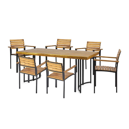 Christopher Knight Home Editha Outdoor Modern Industrial 7 Piece Acacia Wood Dining Set, Teak Finish, Black - WoodArtSupply