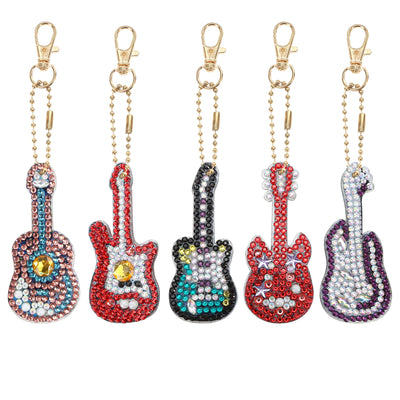 Guitar Shaped Diamond Painting Keychains DIY Craft Kit Set, 5D Colorful Decorative Accessory Ornament, Crystal Gem Small Art Full Drill, Special Accessories for Ring Backpack Shoulder Bag for Adults