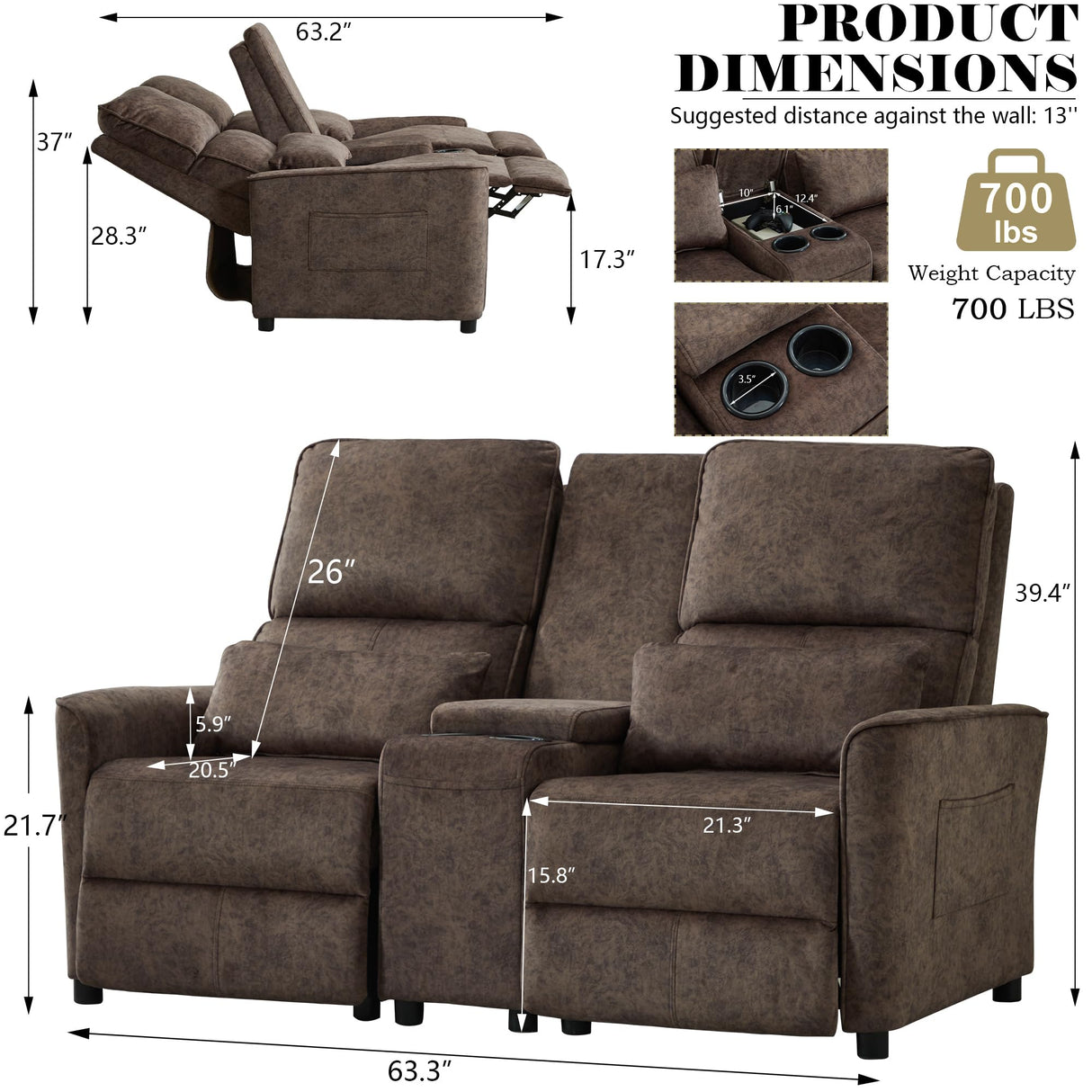 DRMBOOK 63'' RV Loveseat Recliner Sofa, Velvet Fabric Double Camper Couch 2 Seater Recliner with Console, Home Movie Theater Seating Chair, 2 Person Push Back Recliners for Living Room, Brown DRMBOOK