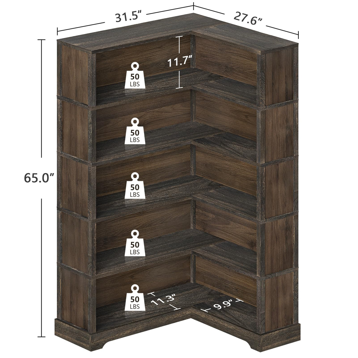 TVU Wood Corner Book Shelf, 5 Tier 65 Inch Tall Bookshelf with Storage, Floor Standing Display Book Shelf for Living Room, Kitchen, Home Office, Rustic Brown TVU