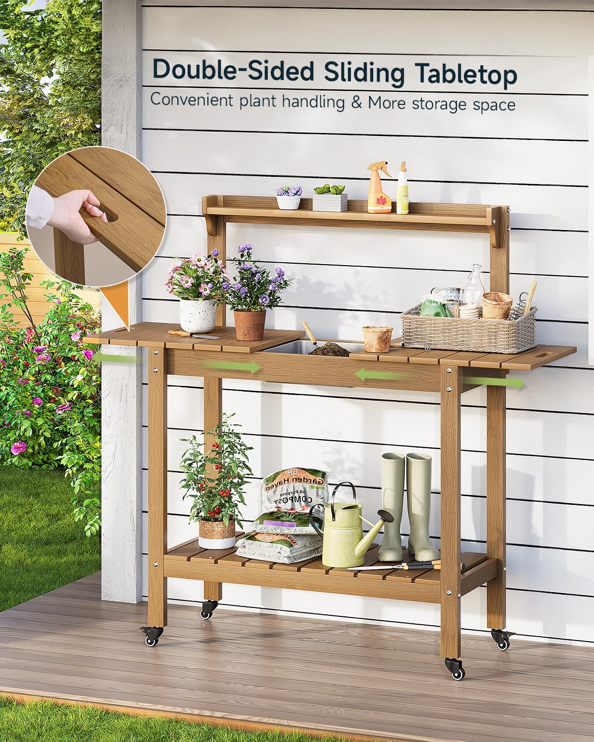 HDPS Outdoor Potting Bench with Sliding Tabletop/ 4 Wheels/Removable Sink, All-Weather Outside Garden Work Table, No Rust/Fade/Break, Potting Station for Porch, Patio & Backyard (Teak) ONBRILL
