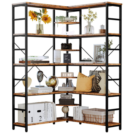 IRONCK Industrial Bookcases and Bookshelves, 5-Tiers Corner Bookcase with Curved Panels, L Shaped Shelf with Metal Frame for Open Storage for Living Room Home Office, Vintage Brown IRONCK