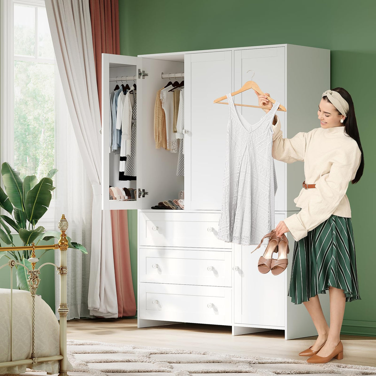 VOWNER Armoire Wardrobe Closet with Drawers and Mirror, 71" Clothing Storage Cabinet with Hanging Rod, 4 Doors Wooden Wardrobe Cabinet for Bedroom, Large Capacity Storage, White VOWNER