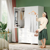 VOWNER Armoire Wardrobe Closet with Drawers and Mirror, 71" Clothing Storage Cabinet with Hanging Rod, 4 Doors Wooden Wardrobe Cabinet for Bedroom, Large Capacity Storage, White VOWNER
