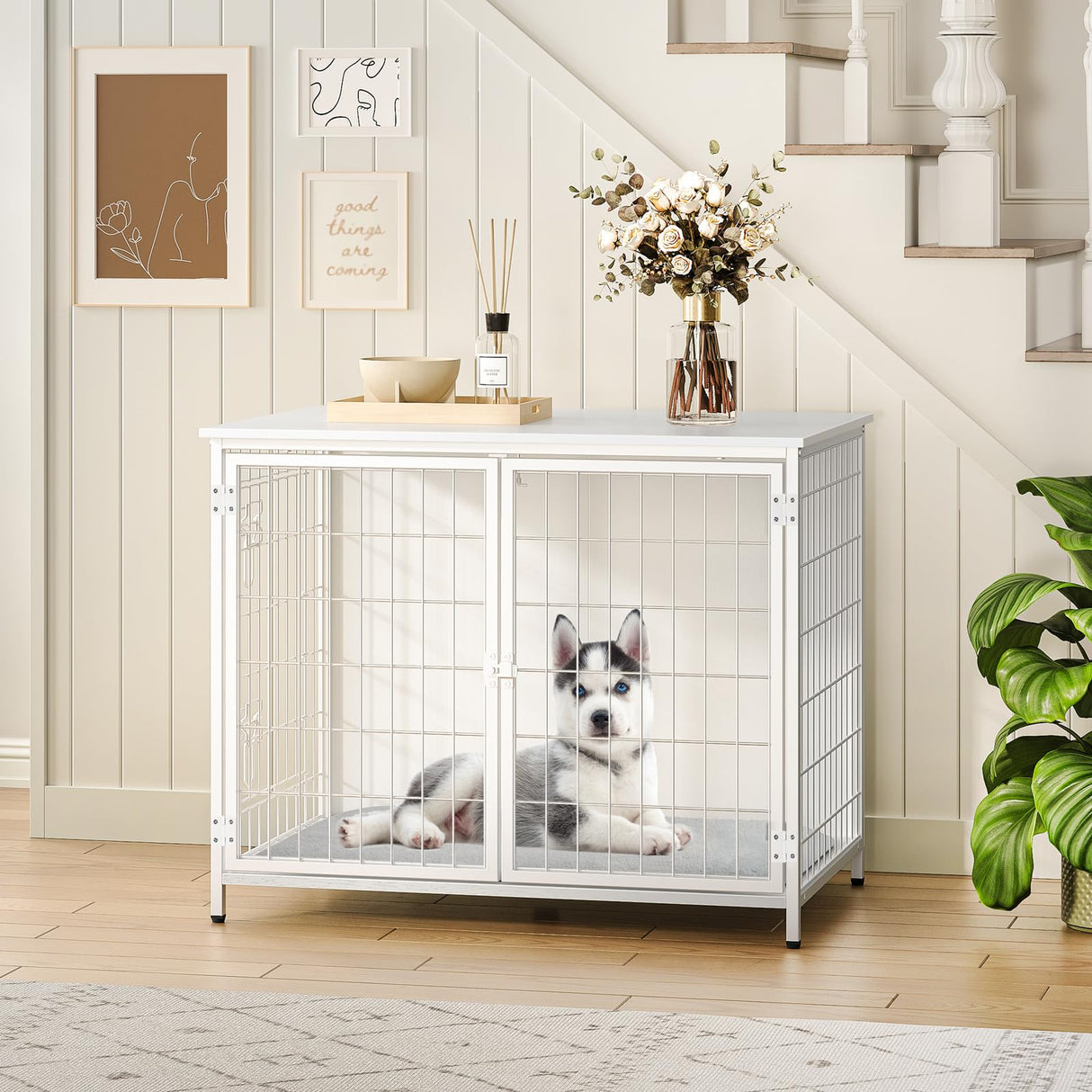 MAHANCRIS Dog Crate Furniture with Cushion, Wooden Dog Kennel with Double Doors, Heavy Duty Dog Cage for Small/Medium/Large Dogs, Indoor Dog House End Table, 31.5" L, White DCBW0701 MAHANCRIS
