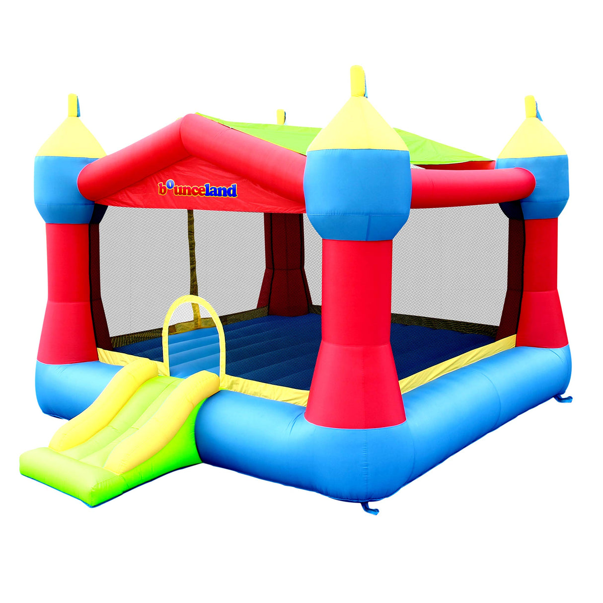 Bounceland Inflatable Party Castle Bounce House Bouncer, 16 ft L x 13 ft W x 10.3 ft H, Basketball Hoop, Removable Sun Roof, UL Strong Blower included, Fun Slide and Bounce Area, Castle Theme for Kids Bounceland