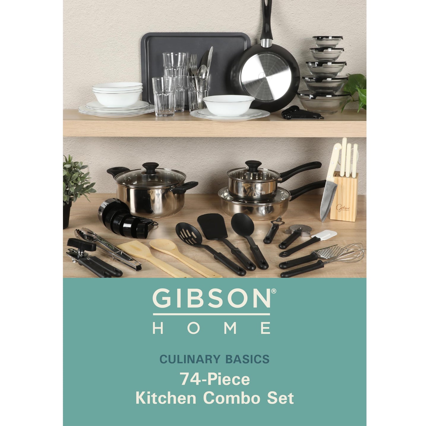 Gibson Home 74 Piece Kitchen in a Box Pots and Pans Cookware, Plates and Bowls Dinnerware, Cutlery Knife Block, Flatware Utensils, Kitchen Tools & Gadgets, Kitchen Storage, Glasses Set