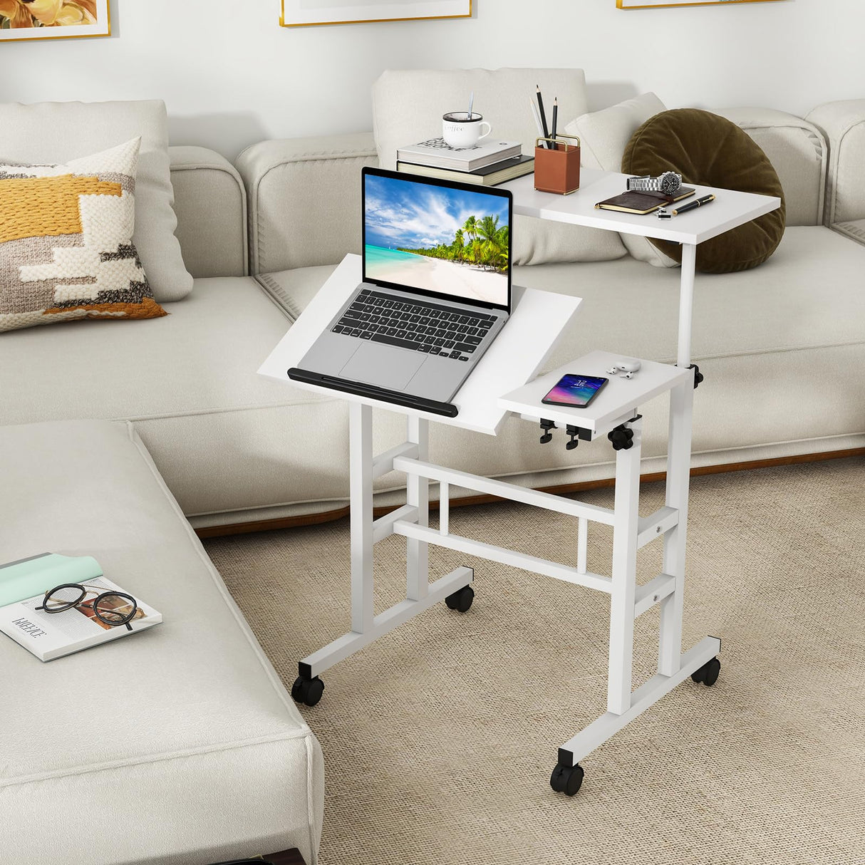 Tangkula Mobile Standing Desk Stand Up Desk, Height Adjustable Home Office Desk with Standing & Seating 2 Modes, Tilting Tabletop & Flexible Wheels, Rolling Laptop Cart Sit Stand Desk (White) Tangkula