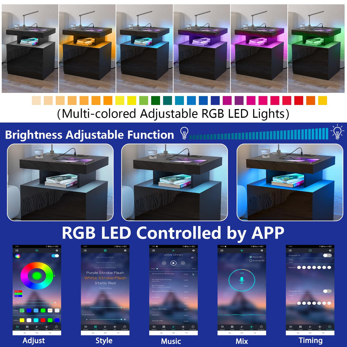 HOMMPA LED Nightstand with Wireless Charging Station & USB Ports High Gloss Bedside Table with LED Light RGB Adjustable Brightness Smart Nightstand 2 Drawers Night Stand for Bedroom Black HOMMPA