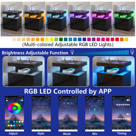 HOMMPA LED Nightstand with Wireless Charging Station & USB Ports High Gloss Bedside Table with LED Light RGB Adjustable Brightness Smart Nightstand 2 Drawers Night Stand for Bedroom Black HOMMPA