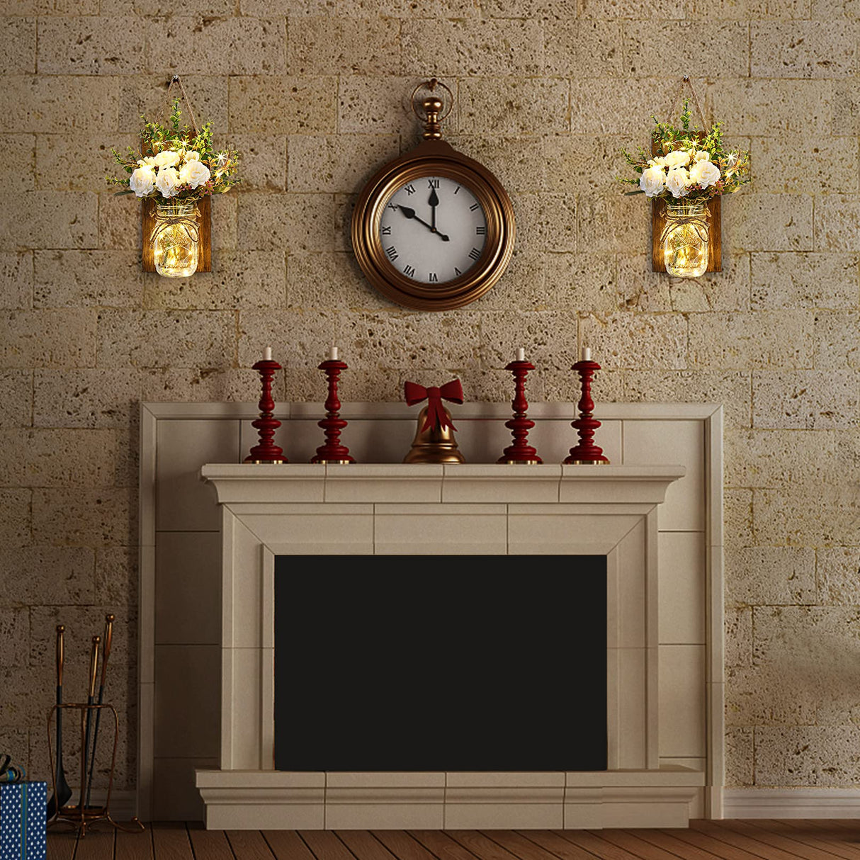 Lightess Wall Decor Mason Jar Sconces with Remote Control, Rustic Home Decor Wall LED Fairy Lights with White Rose, Farmhouse Wall Decorations Lights Set of Two for Dining Room Living Room Lightess