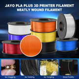 JAYO PLA+ Filament Bundle 1.75mm, 3D Printer Filament Bundle Multicolor, Individually Vacuum Packed, 250g Spool, 8 Pack, 2KG in Total, Black+White+Transparent+Clear(Blue+Red+Orange+Yellow+Purple) JAYO