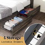 AMERLIFE Queen Size Farmhouse Bed Frame with 4 Drawers, Wooden Storage Bed Frame with Headboard and Heavy Duty Metal Slats, Noisy Free, Easy Assemble, Rustic Black AMERLIFE