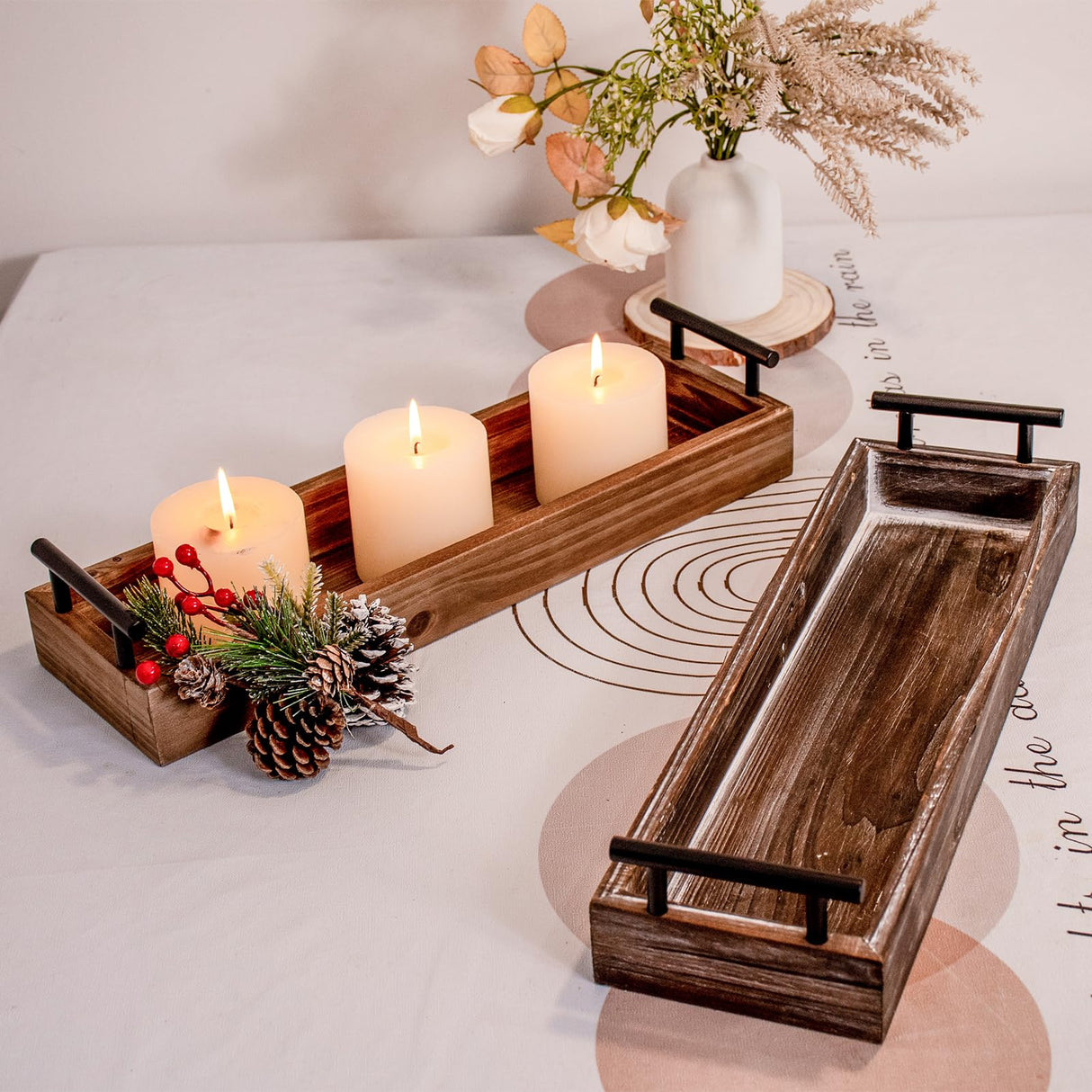 Rustic Wood Serving Tray with Metal Handles, Brown Wooden Tray, Centerpiece Tray for Dining Table, Farmhouse Plant Tray, Candle Holder, Long Narrow Ottoman Trays for Wine Coffee Table Kitchen Decor OKSQW