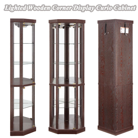 XZTUAJ 69" H Lighted Curio Cabinet Corner Display Case, Corner Glass Cabinet with Adjustable Shelves and Tempered Glass, Wooden Corner Curio Cabinet w/Mirrored Back Pane for Living Room (Dark Cherry) XZTUAJ