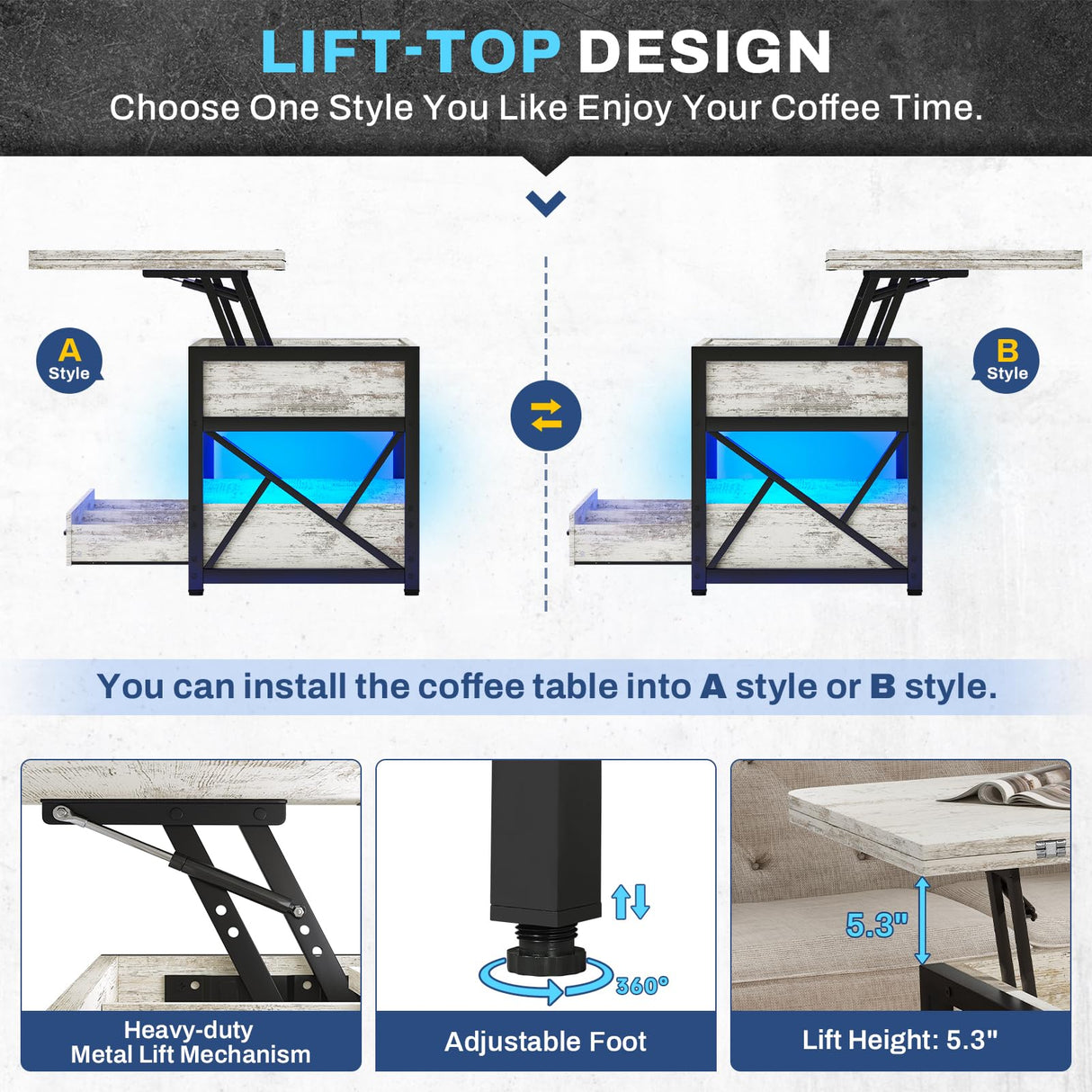 Itaar 40" Lift Top Coffee Table, 4 in 1 White Coffee Tables with Storage for Living Room, Small Coffee Table with 2 Drawers & LED Light for Dining Room, White Itaar
