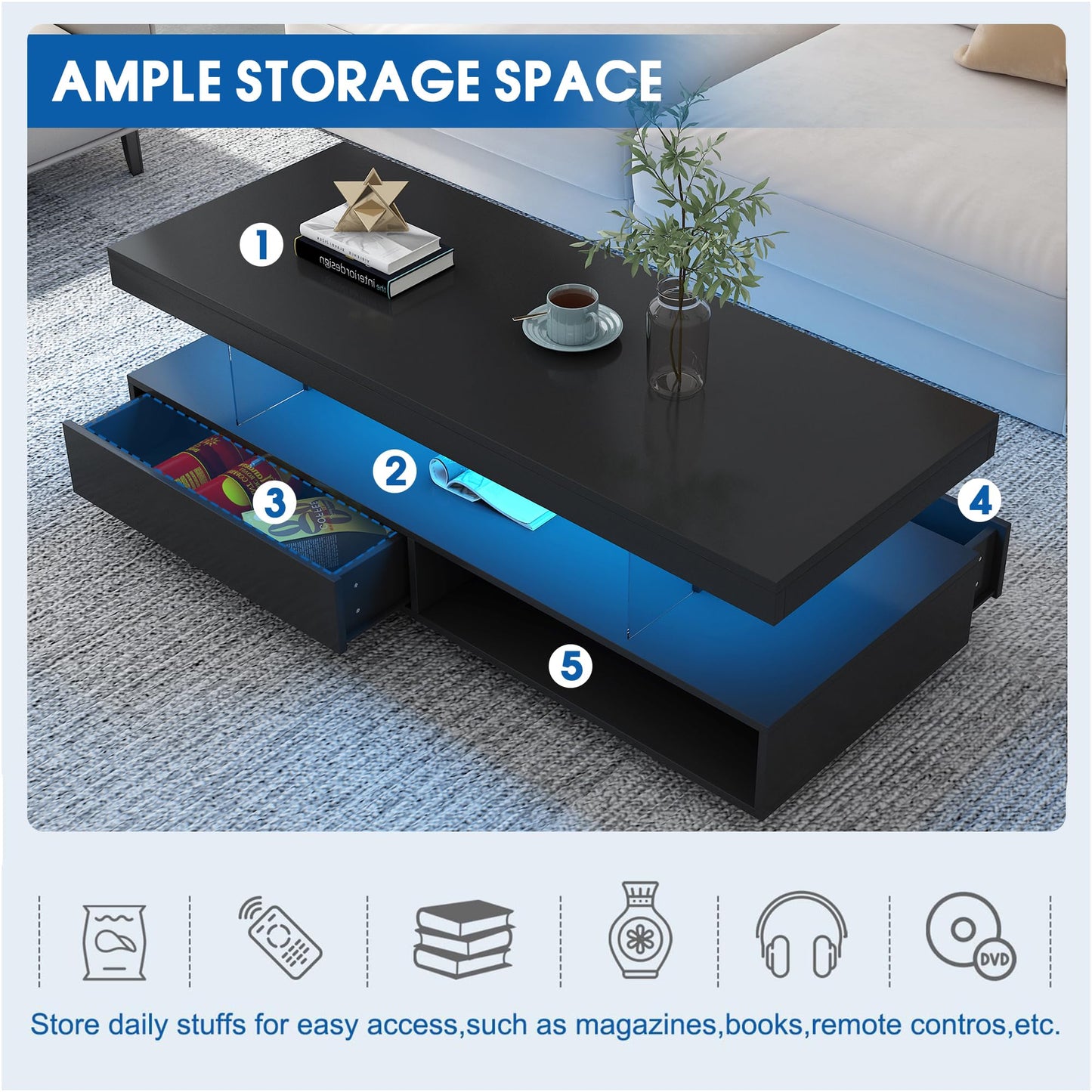 realglow LED Coffee Table with Storage, LED Coffee Tables for Living Room, High Gloss Coffee Table with LED Lights, Modern Center Table with Open Display Shelf & 2 Sliding Drawers (Black) - WoodArtSupply