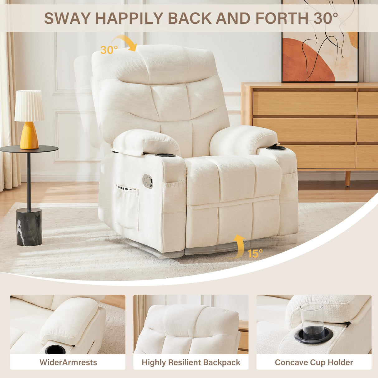 Hicosit Manual Rocker Recliner Chair, 360°Swivel Recliner Chairs for Adults, Single Recliner Seat with Cup Holders,Upholstered Fabric Lazy Boy Recliner,White Hicosit