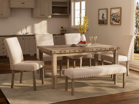 Dining Table Set for 6, 6 Piece Farmhouse Dining Set, Country Style Kitchen Table, 4 Upholstered Chairs & Bench Farati