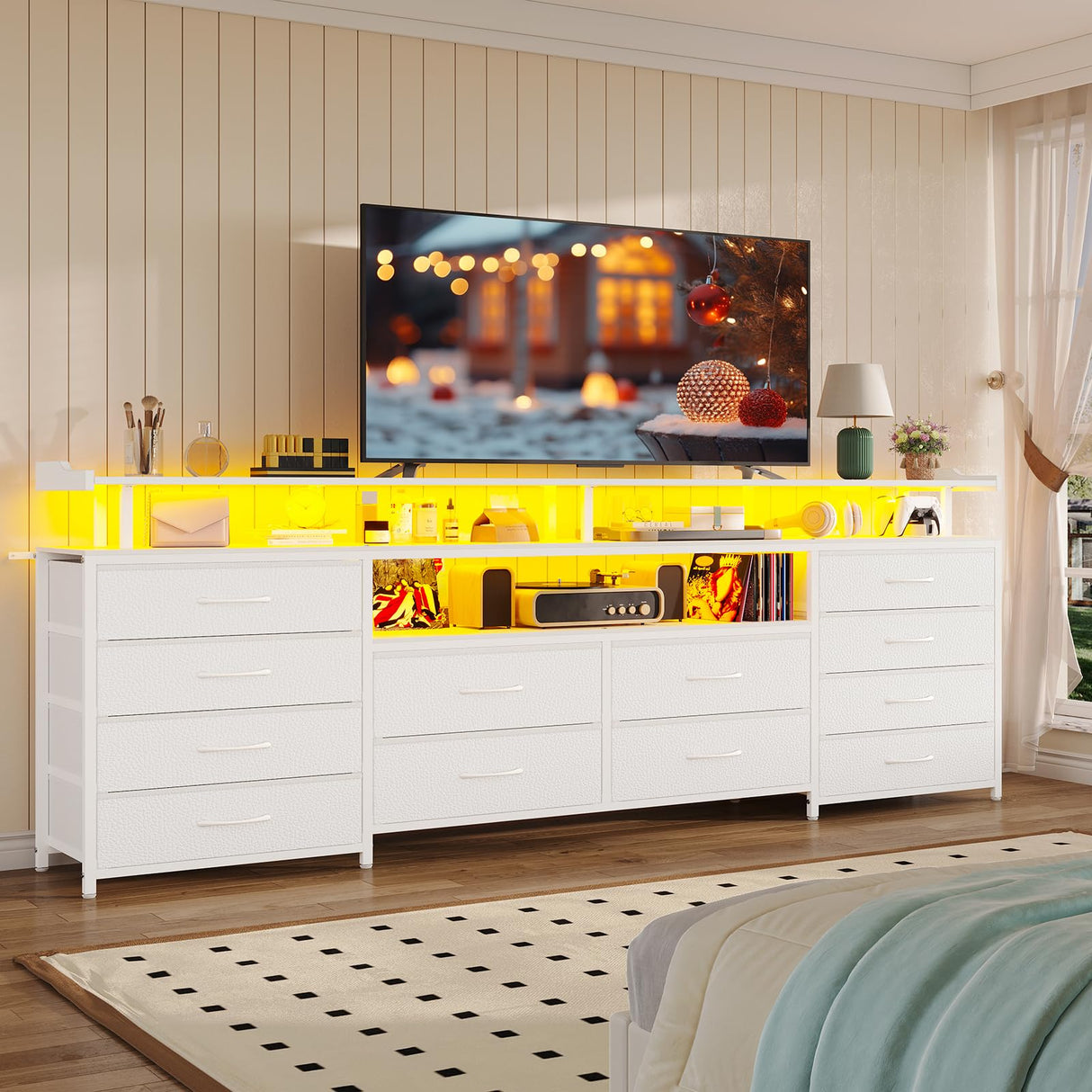 HAUOMS TV Stand Dresser for 65 Inch TV, 63" W Dresser with LED Lights & Charging Station, White Long Dresser with 12 Fabric Drawers, Entertainment Center with Shelves,for Living Room HAUOMS