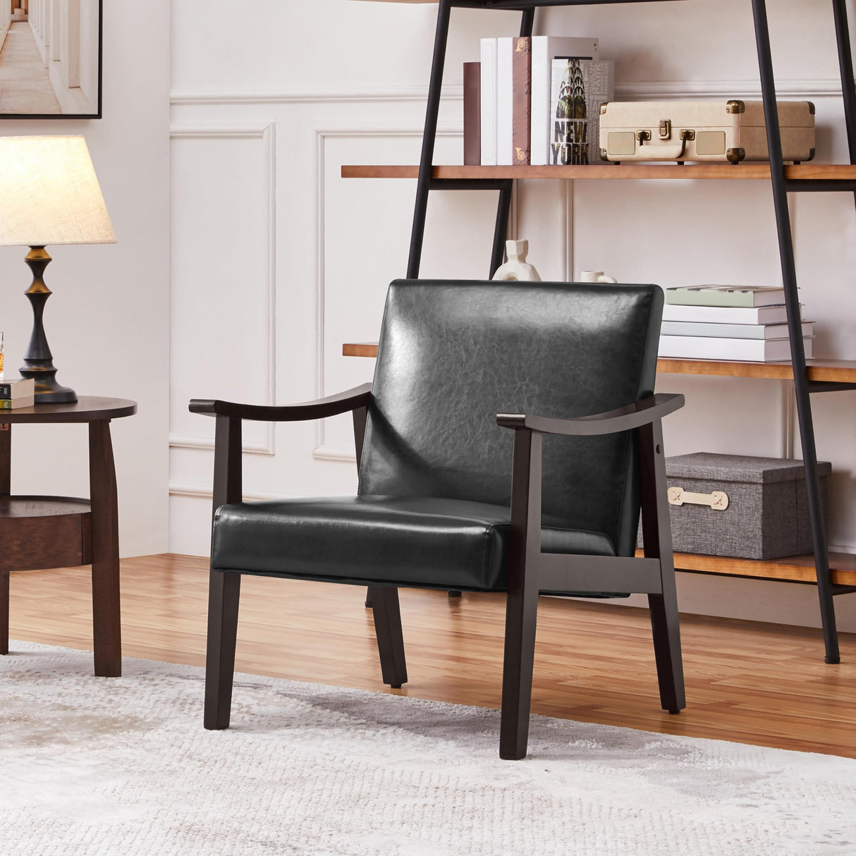 Yaheetech PU Leather Accent Chair, Mid-Century Modern Armchair with Solid Wood Legs, Reading Leisure Chair with High Back for Living Room Bedroom Waiting Room, 2 Pieces, Black Yaheetech