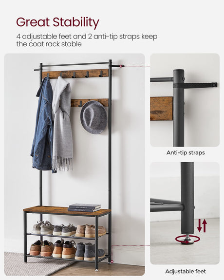 VASAGLE Coat Rack, Hall Tree with Shoe Storage Bench, Entryway Bench with Shoe Storage, 3-in-1, Steel Frame, for Entryway, 12.6 x 27.6 x 69.8 Inches, Industrial, Rustic Brown and Black UHSR41BX VASAGLE