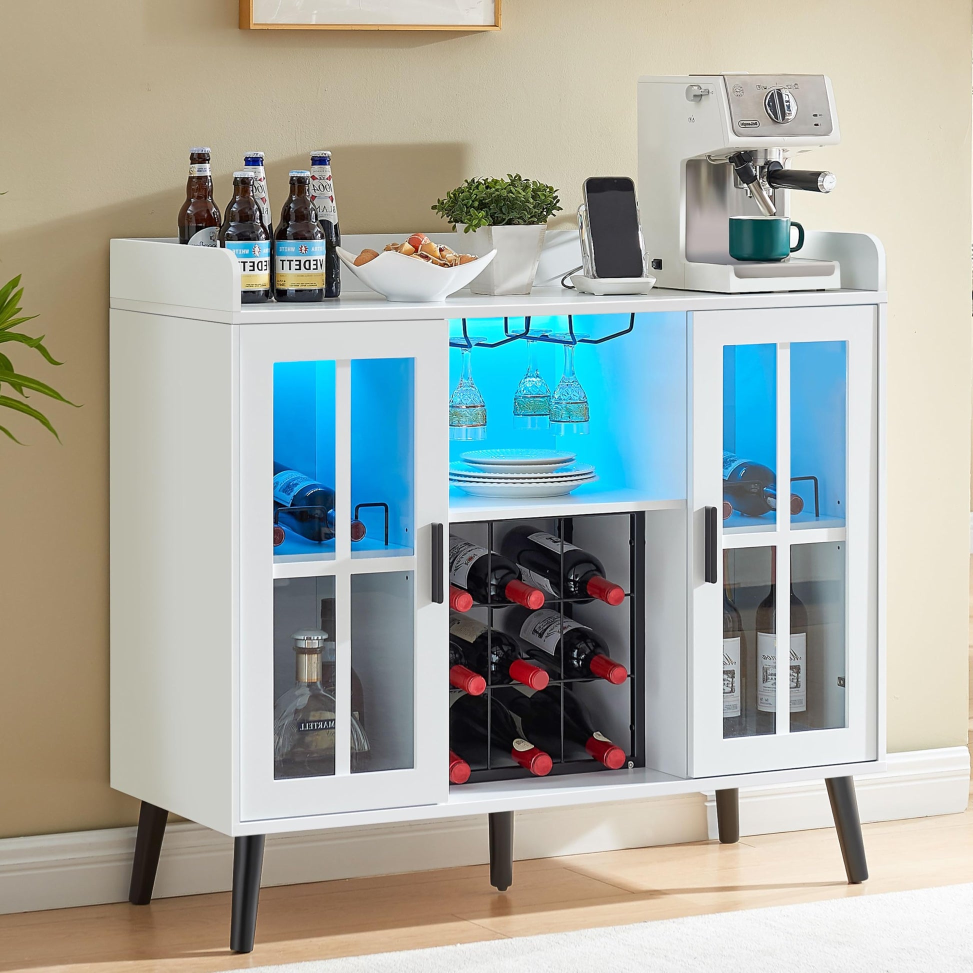 VECHOLL Wine Bar Cabinet with Led Lights and Power Outlets, Coffee Bar Cabinets for Home, Buffet Cabinet with Storage Freestanding Liquor Cabinet for Living Room, Dining Room,White - WoodArtSupply