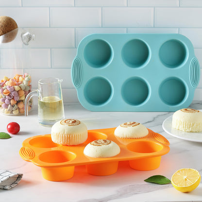 2PCS Silicone Muffin Cupcake Pan Molds, Ohola 6-Cavity Nonstick Silicone Muffin Pans for baking, Perfect for Cupcakes, Muffin, Brownies and More, BPA Free, 2 Pack (Orange and Peacock Blue)