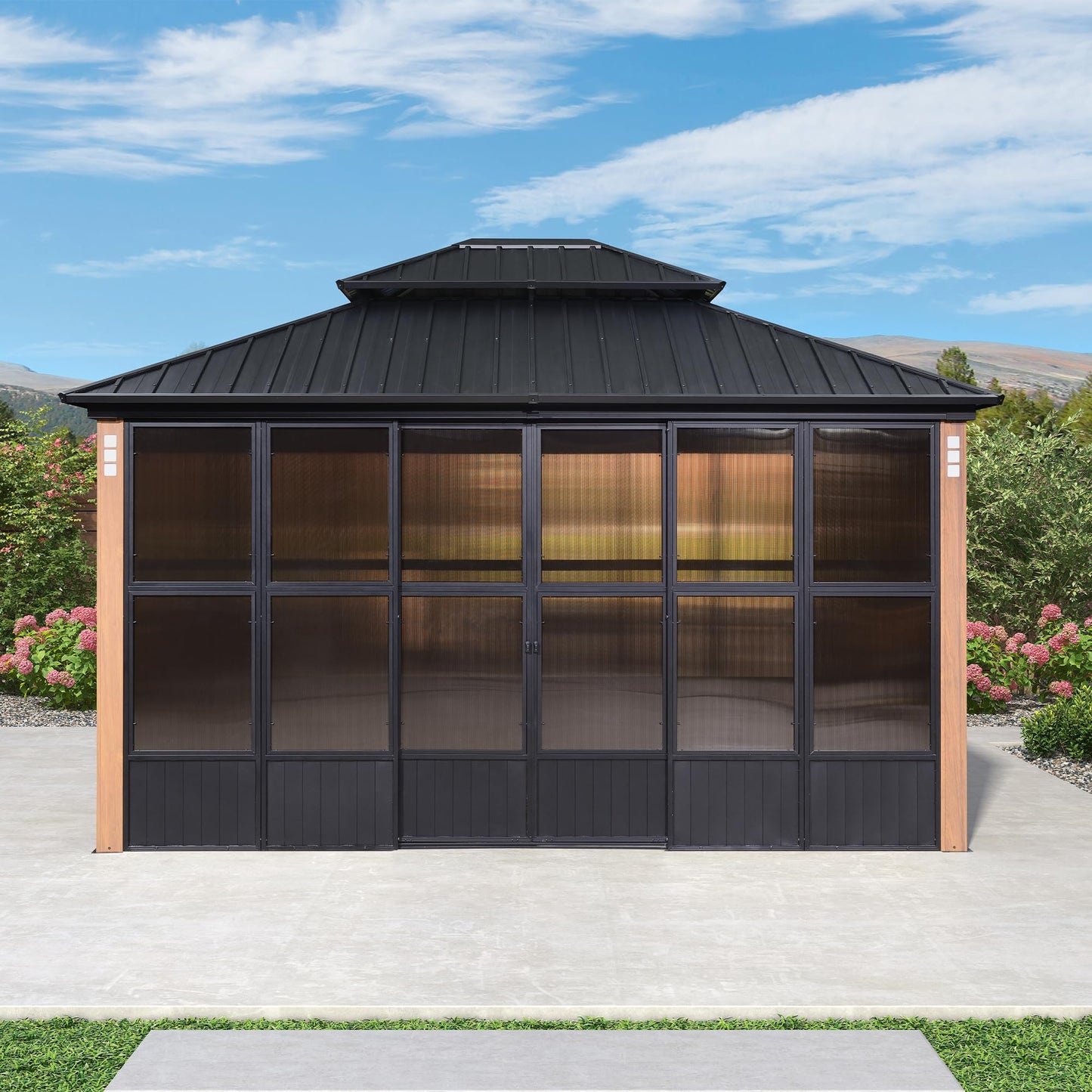 PURPLE LEAF 12' X 14' Patio Hardtop Gazebo Double Top Outdoor Screen House Aluminum Solarium Backyard Sun Room with Detachable Windows - WoodArtSupply