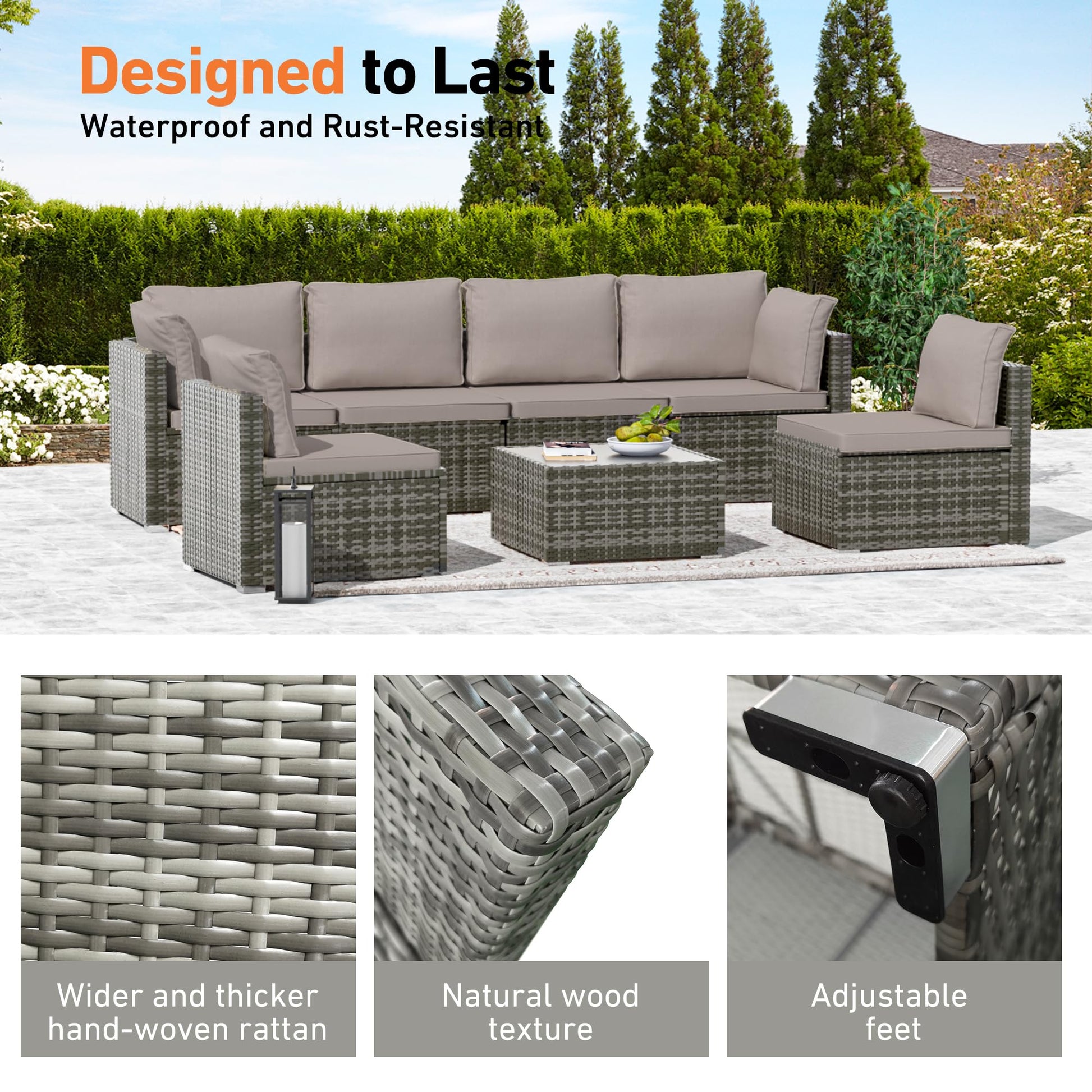 Covered Outdoor Patio Furniture Set, 7 Pieces Patio Furniture Sets with Glass Table, All-Weather PE Wicker Outdoor Couch Sectional Set, Outdoor Furniture Set for Garden/Patio/Ottoman, Grey - WoodArtSupply