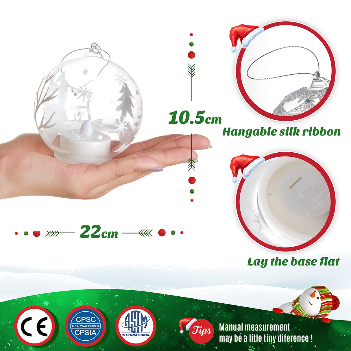 HappySpot 6 Pcs LED Christmas Clear Ball Set Xmas Tree Glass Light up Hanging Decorative Plastic Ornament for Xmas Party Decorations HappySpot