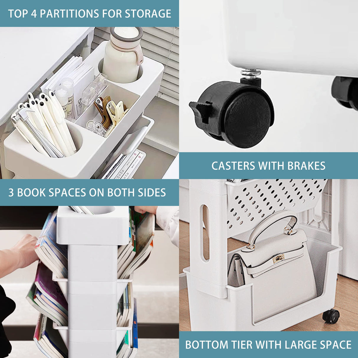 YEMUNY 5 Tier Rolling Utility Cart Multi-Functional Movable Storage Book Shelves with Lockable Casters for Study Office Kitchen Classroom, White YEMUNY